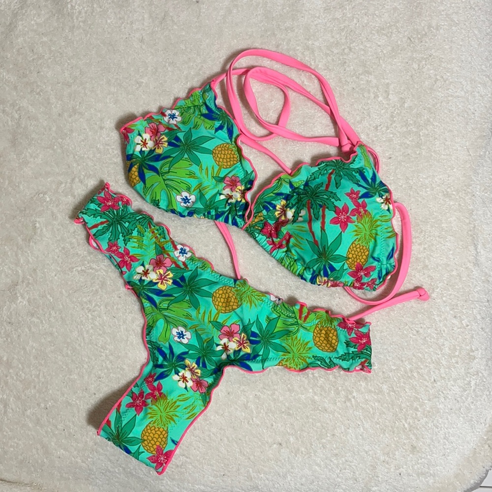 Brazilian bikini thong cheeky two piece bathing suit small green pink